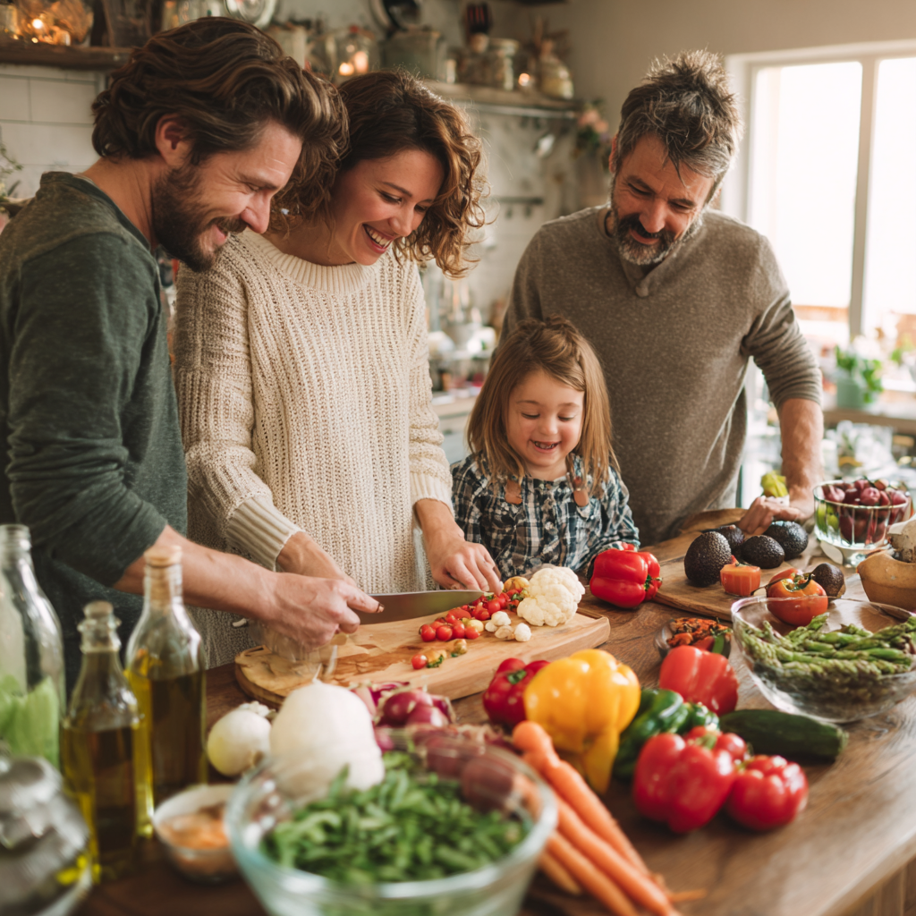 Happy Romanian family preparing healthy meals together in a bright kitchen, showing various nutritious ingredients and smiling while cooking