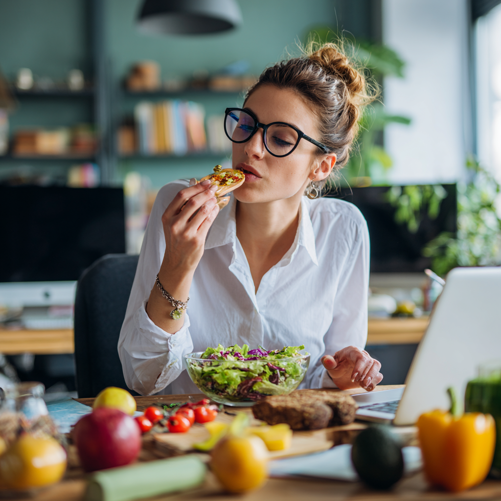 Relaxed Romanian couple preparing a light and healthy dinner together in their kitchen, showing mindful eating practices and enjoying a balanced evening meal